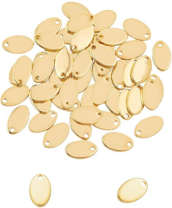 About 50pcs Oval Gold Charm Hypoallergenic Metal Pendants Stainless Steel Charms Flat Blank Tag 1.5mm Hole Pendant for Jewelry Making 12.5mm Long