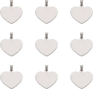 10Pcs 201 Stainless Steel Heart Stamping Blank Tag Pendants Stainless Steel Color Heart Metal Charms with Snap on Bails 33mm for DIY Necklace Earring Jewelry Making