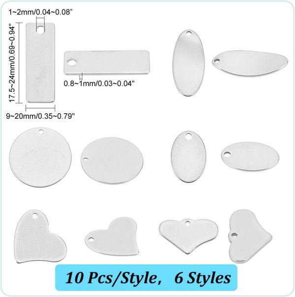 304 Stainless Steel Stamping Charms 60pcs Stamping Tag Pendants Stamping Blank Tags 6 Style Stamping Blank Tags Heart Round Metal Tag for Bracelet Necklace Jewelry DIY Craft Gift Making - Image 2