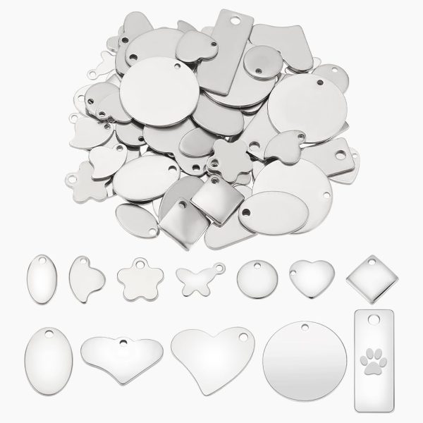 72pcs 304 Stainless Steel Stamping Charms 12 Style Stamping Tag Pendants, Metal Keychain Blanks Tags Heart Round Stamping Tag for Bracelet Necklace Jewelry Making DIY Craft Gift