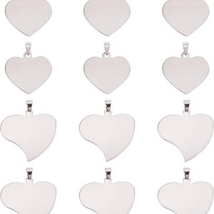 12Pcs Stainless Steel Heart Stamping Blank Tag Pendants 2 Styles Metal Love Heart Charms Keychain Blanks Laser Engraving for Name Message Word Tag