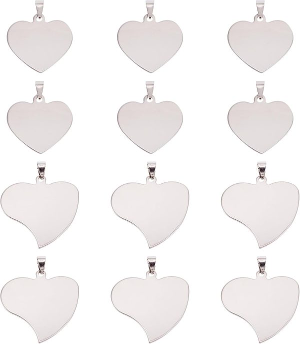 12Pcs Stainless Steel Heart Stamping Blank Tag Pendants 2 Styles Metal Love Heart Charms Keychain Blanks Laser Engraving for Name Message Word Tag