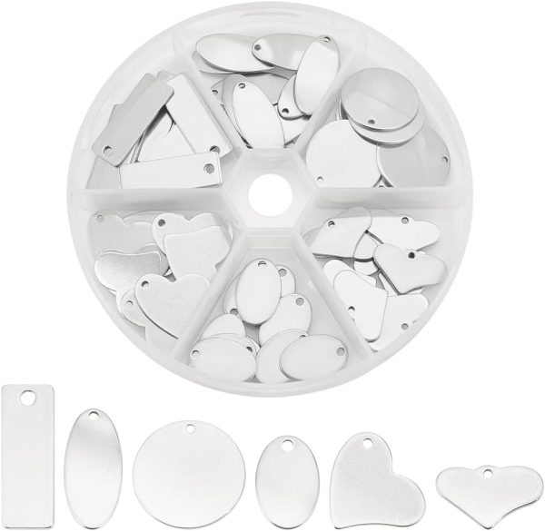 304 Stainless Steel Stamping Charms 60pcs Stamping Tag Pendants Stamping Blank Tags 6 Style Stamping Blank Tags Heart Round Metal Tag for Bracelet Necklace Jewelry DIY Craft Gift Making