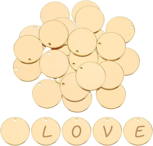 24 PCS 18K Gold plated Flat Round Shape Blank Pendants Stamping Blanks for Festival Gift DIY Bracelet Earring Charms, Dog Tags - 16mm in diameter