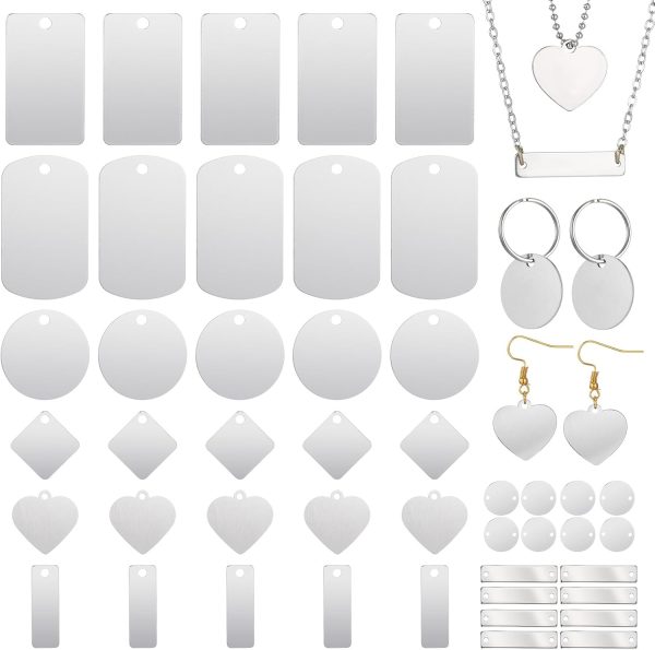50 Pcs Mixed Laser Engravable Blanks Stainless Steel Stamping Blanks Including Round Rectangle Heart Pendants Charms for Necklace Bracelet Earrings ID Tags DIY Crafts
