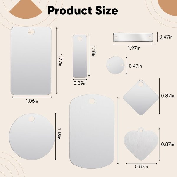 50 Pcs Mixed Laser Engravable Blanks Stainless Steel Stamping Blanks Including Round Rectangle Heart Pendants Charms for Necklace Bracelet Earrings ID Tags DIY Crafts - Image 2