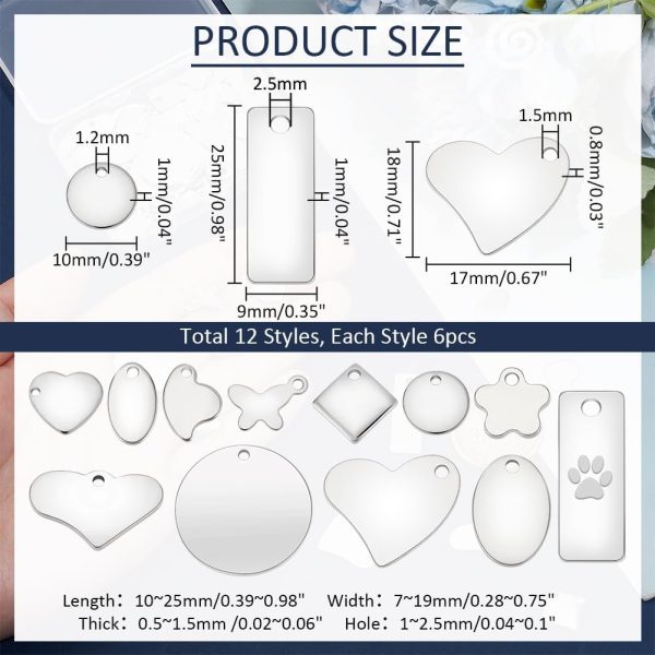 72pcs 304 Stainless Steel Stamping Charms 12 Style Stamping Tag Pendants, Metal Keychain Blanks Tags Heart Round Stamping Tag for Bracelet Necklace Jewelry Making DIY Craft Gift - Image 2