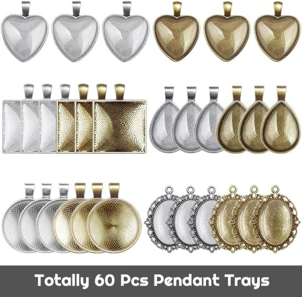 60Pcs Pendant Trays, Bezel Pendant Trays Blanks with Glass Cabochons for Pendants Making and Jewelry Making, 5 Styles - Image 2