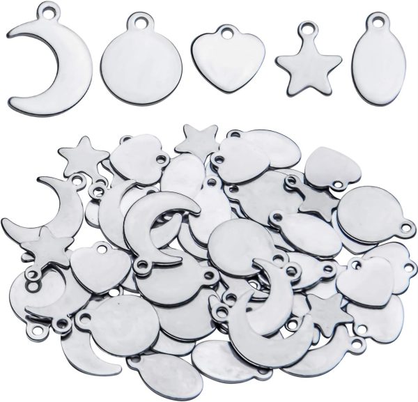 Tag Pendants, 50pcs Stainless Steel Tag Pendants Charms Blank Stamping Flat Mixed Shapes Metal Tag Pendants for Bracelet Necklace Earring DIY Jewelry Making
