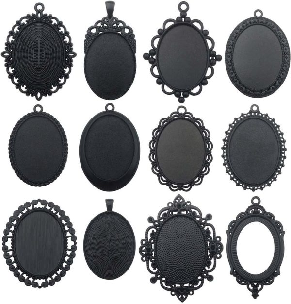 10pcs 30x40mm Black Pendant Trays, Blank Glass Cabochons Dome Base Setting Bezel Frame Cameo Metal Alloy Charms for Jewelry Making DIY Findings (HM117)