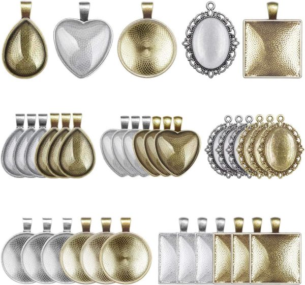 60Pcs Pendant Trays, Bezel Pendant Trays Blanks with Glass Cabochons for Pendants Making and Jewelry Making, 5 Styles