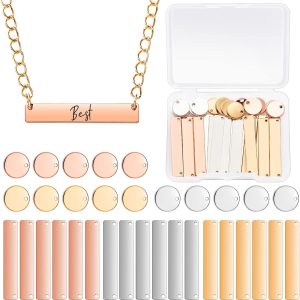 30 Pcs Metal Stamping Blank Tag Pendants for Jewelry Engraving Includes 15 Rectangle Stamping Blank Bar Charms Brass Tag1.37 x 0.24, 15 Round Name Pendant 0.47″
