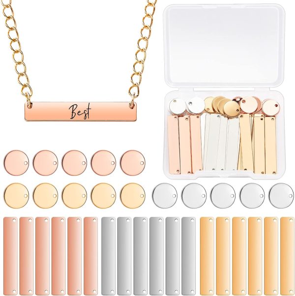 30 Pcs Metal Stamping Blank Tag Pendants for Jewelry Engraving Includes 15 Rectangle Stamping Blank Bar Charms Brass Tag1.37 x 0.24, 15 Round Name Pendant 0.47"
