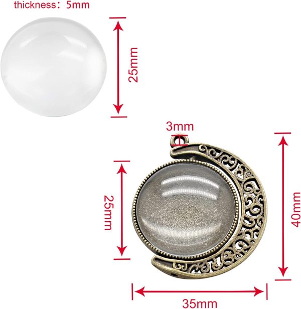 30Pcs 10Sets Moon Rotation Double Side Pendant Trays,10Pcs 25 mm Moon Rotation Alloy Double-Sided Trays Pendants with 20Pcs Glass Cabochons Clear Dome for DIY Making (Silver and Bronze) - Image 2
