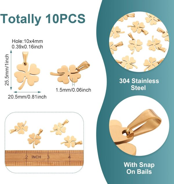 10pcs Stainless Steel Clover Pendants Golden St. Patrick's Day Shamrock Pendants Flat Lucky Four Leaf Clover Metal Dangle Charms with Pinch Clip Clasp for DIY Necklace Jewelry Making - Image 2