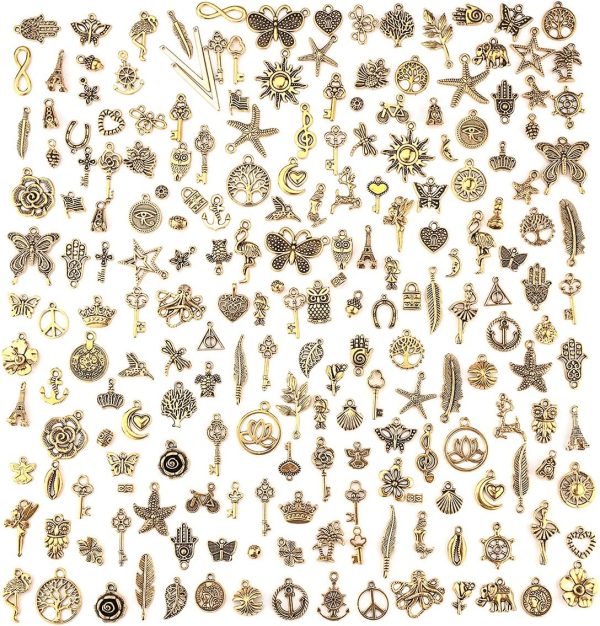 200Pcs Tibetan Antique Gold Charm Mixed Pendants DIY for Bracelet Necklace Jewelry Making and Crafting