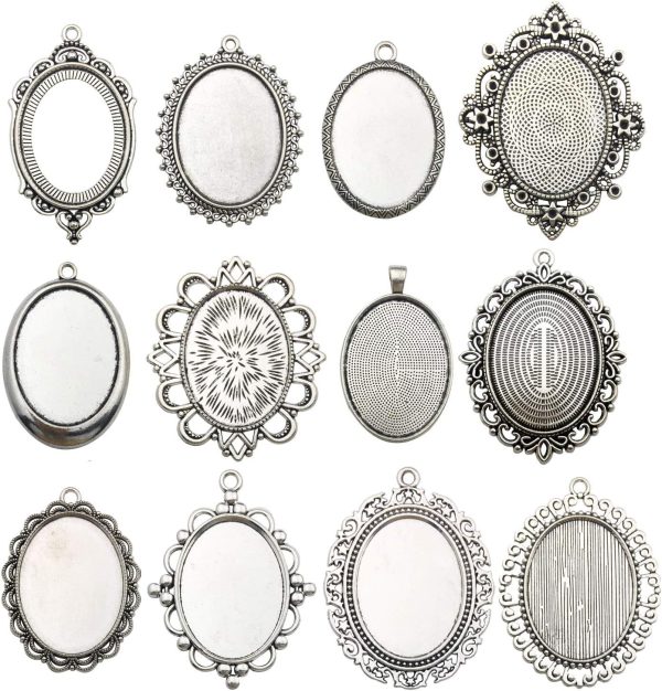 10 Pendant Trays, 30x40mm, Blank Oval Cabochons Base Setting Bezel Frame Metal Cameo for Photo Pendant Jewelry Making (Antique Silver-HM278)