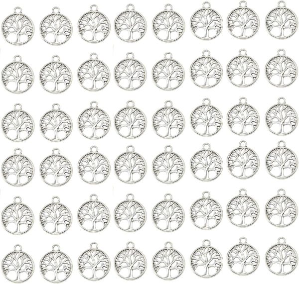 Pack of 50 Tree of Life Charms Jewelry Making Silver Charms Mixed Smooth Tibetan Silver Metal Charms Pendants DIY for Necklace Bracelet Jewelry Making and Crafting